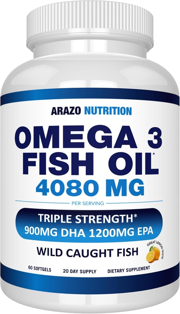 Arazo Beslenme Vahşi Caught Omega 3 Fish Oil – 60 Soft Gels – 4,080mg High EPA 1200 mg DHA 900 mg Lemon Flavor Burpless Softgels