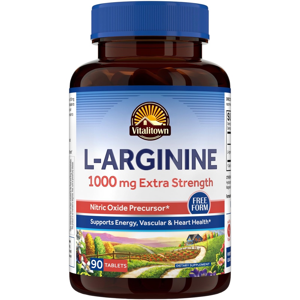 Vitalitown L-Arginine for Men & Women, 1000 mg, Nitrik Oksit ATM Supplements, No Gluten, Non-GMO, Endurance, Workout, Blood Flow Support, 90 Tabletler, Kan Akış Desteği, 90 Tabletler