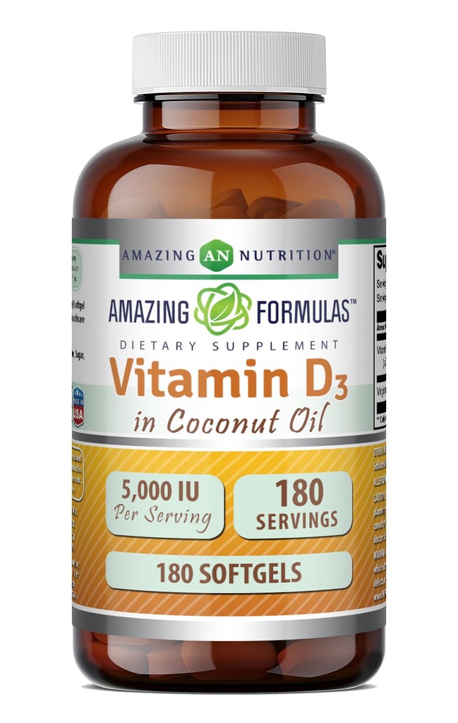 Amazing Formulas Vitamin D3 in Coconut Oil Supplement | 5000 IU Per | 180 Softgels | Non-GMO | Gluten Free | Made in USA