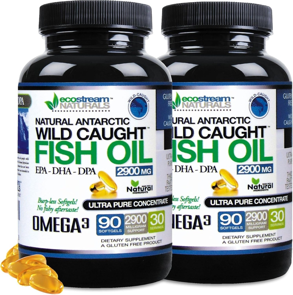 (Pack of 2) Doğal Antarktika Vahşi Caught Omega 3 Balık Yağı DPA-EPA-DHA Supplement 2,900 Milligramlar Üç Güç Ultra Saf Yoğun Yumuşak Hedefler - Balık Tasting Burps