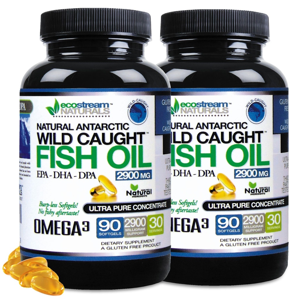 (Pack of 2) Doğal Antarktika Vahşi Caught Omega 3 Balık Yağı DPA-EPA-DHA Supplement 2,900 Milligramlar Üç Güç Ultra Saf Yoğun Yumuşak Hedefler - Balık Tasting Burps
