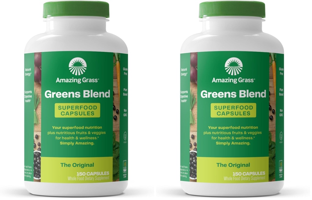 Amazing Grass Greens Blend Superfood Capsules: Super Greens with Organic Spirulina,Chlorella,Beet Root Powder,Digestive Enzymes & Probiotics,150 Capsules (Packaging May Vary),(Pack of 2)