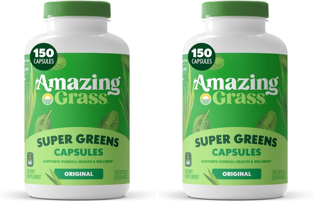 Amazing Grass Greens Blend Superfood Capsules: Super Greens with Organic Spirulina,Chlorella,Beet Root Powder,Digestive Enzymes & Probiotics,150 Capsules (Packaging May Vary),(Pack of 2)