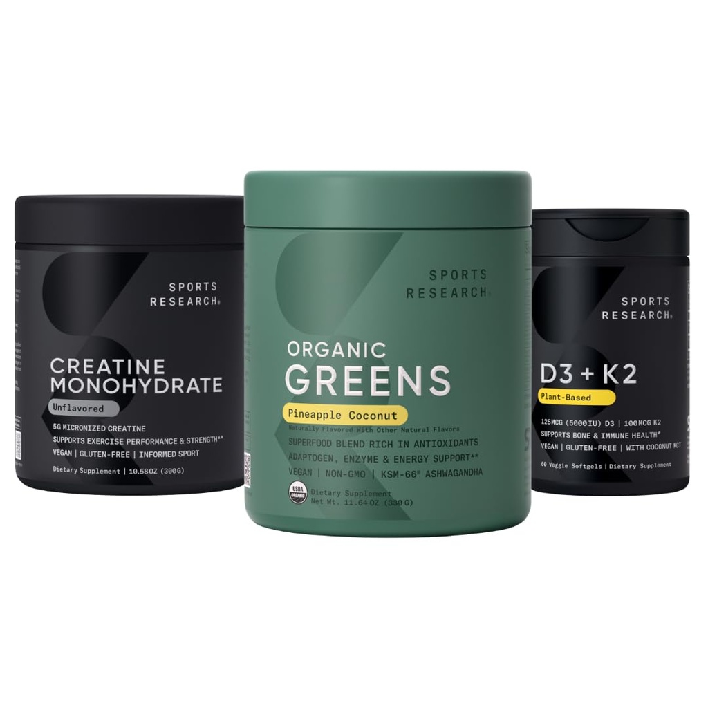 Sports Research® Organic Greens Superfood Powder w/Spirulina & Chlorella, Adaptogens, Enzymes, Probiotics, 8 VIT Bs, D3 5000iu with Vitamin K2 100mg and Creatine Monohydrate