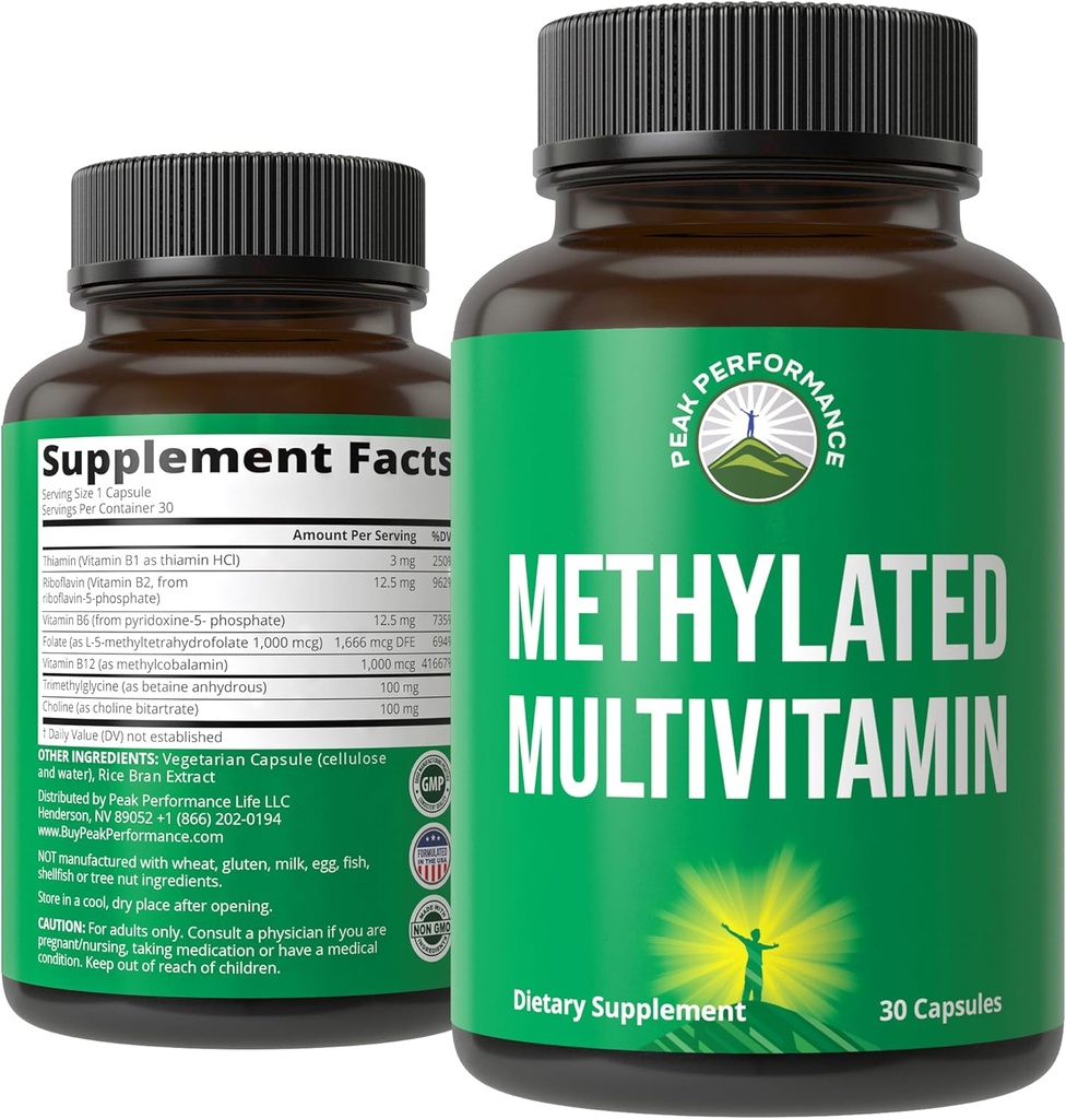 Metilated Multivitamin + Metilated B Complex Supplement. Tritilglycine (TMG), L Metilfolate, Torch B12 + B1 + B2 + B6 Vitaminleri + Choline. Kadınlar ve Erkekler için MTHFR Supplement. Vegan Capsules