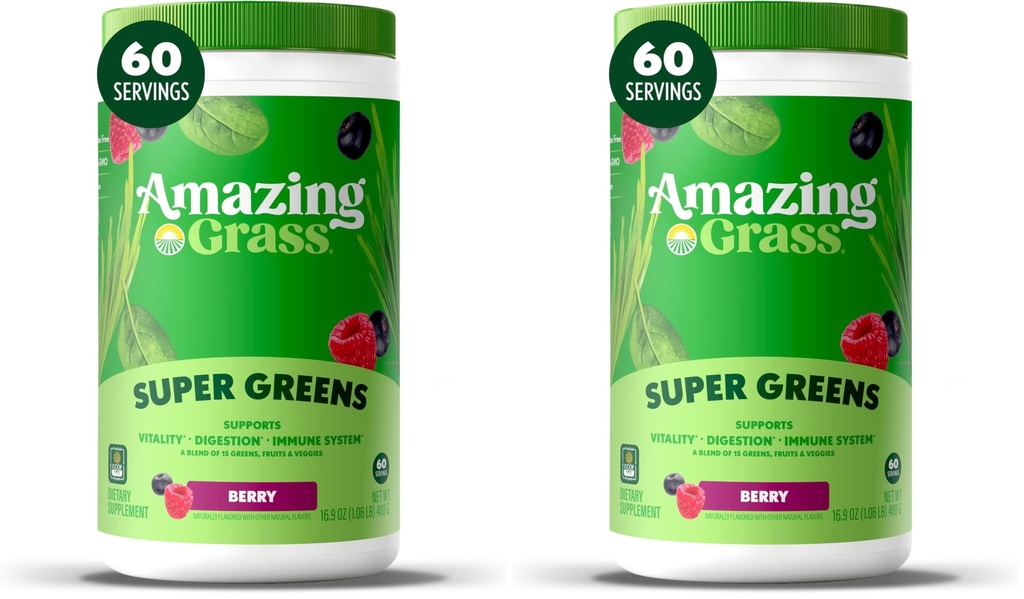 Amazing Grass Greens Blend Superfood: Super Greens Powder Smoothie Mix with Spirulina,Chlorella,Beet Root Powder,Digestive Enzymes & Probiotics,Berry,60 Servings (Packaging May Vary),(Pack of 2)