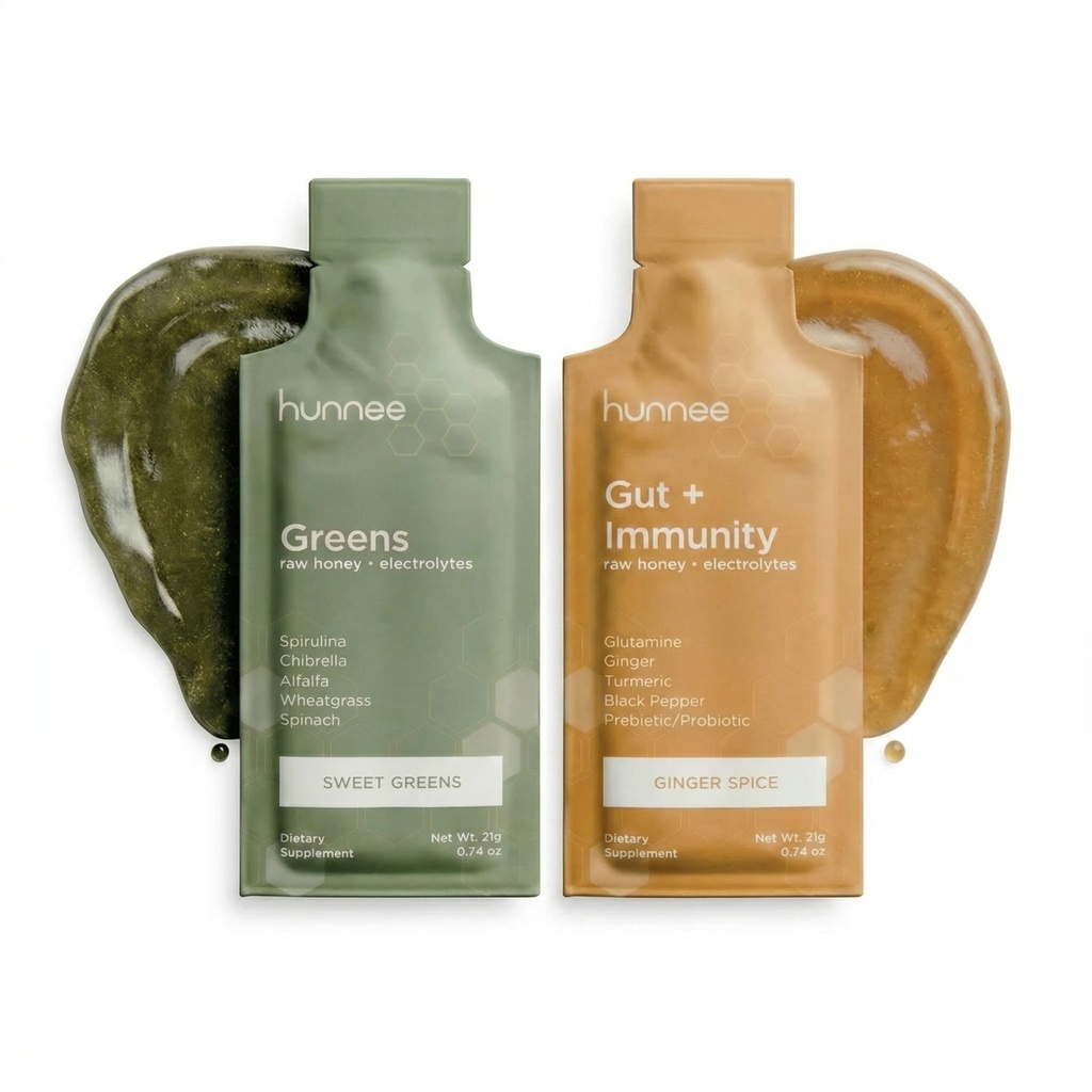 HUNNEE Greens + Gut & Immunity Variety Pack | Raw Honey Gels with Spirulina, Chlorella, Probiotics & L-Glutamine | Gluten-Free, Nut-Free, Non-GMO, Plant-Based | 28 Sachets (2 x 14 x 21g)