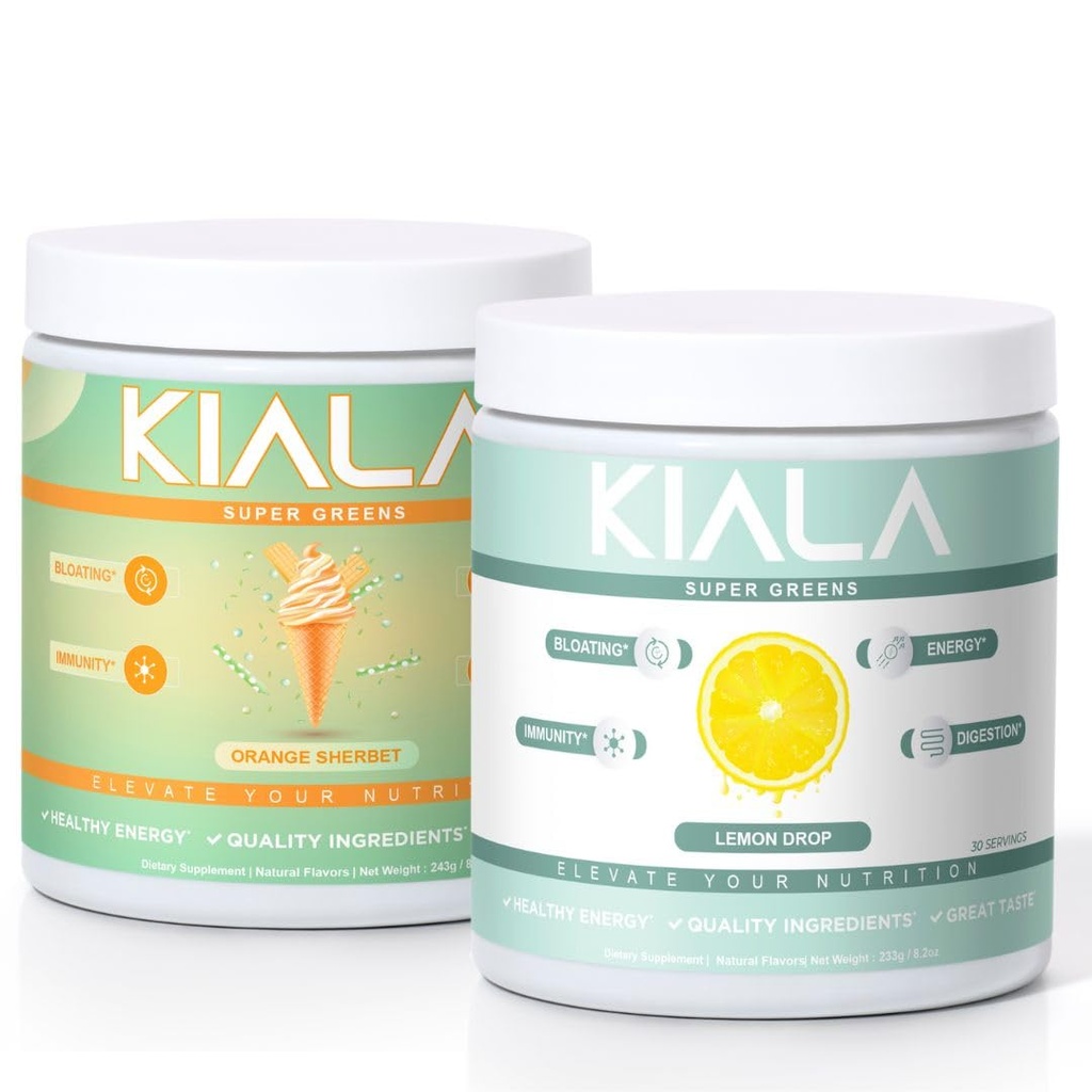 Kiala Nutrition Super Greens, Organic Greens Powder, Spirulina & Chlorella Superfood Powder, Sugar & Gluten Free Vegan, Spectra Blend, Orange Sherbet Lemon Drop 2 Pack