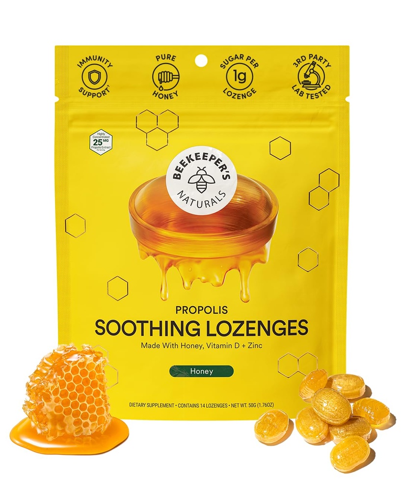 Soothing Honey Cough Drops - Immune Support with Vitamin D, çinko ve Propolis - Beekeeper's Naturals - Throat Soothing Lozenges, 14 Ct