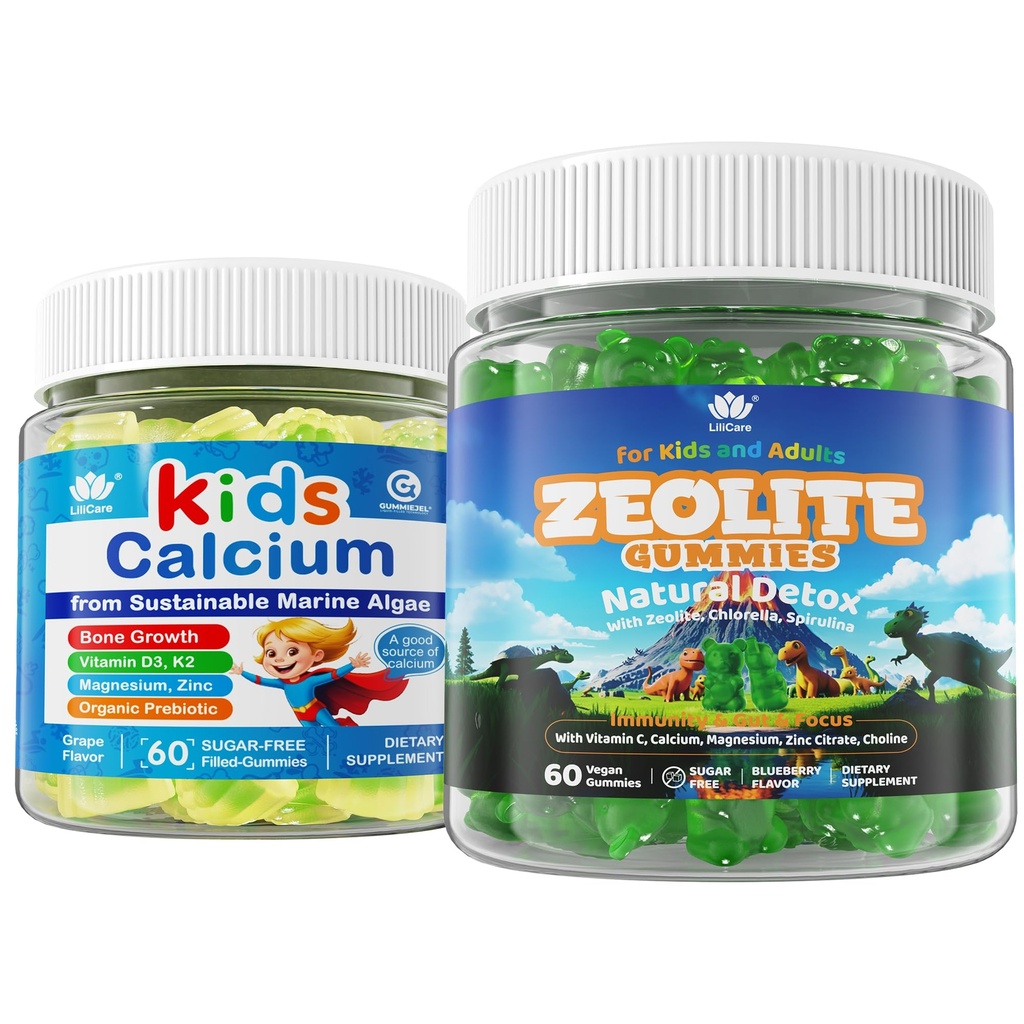 Zeolite Detox for Kids & Adults, Zeolite Gummies w/Chlorella, Spirulina,+Kids Calcium Gummies with Prebiotics (FOS) 500mg