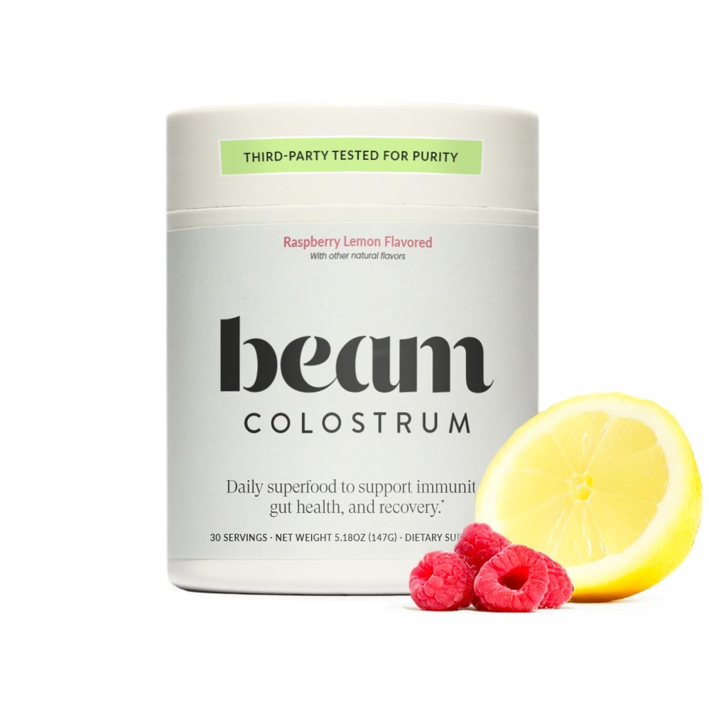 Beam Raspberry Lemon Colostrum Powder I Grass-Fed Pure Whole Bovine Colostrum for Gut Health, Bloating & Immune Support I Non-GMO Recovery Supplement I 3g per Serving I 3rd Party Tested I 30 Servings
