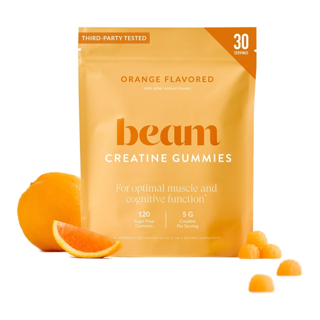 Beam Creatine Gummies – Creatine Monohydrate Gummies with 5g Creatine, Sugar Free, Muscle Strength & Workout Recovery Support, Creatine Gummies for Women and Men, Orange Flavor, Vegan, 30 Servings