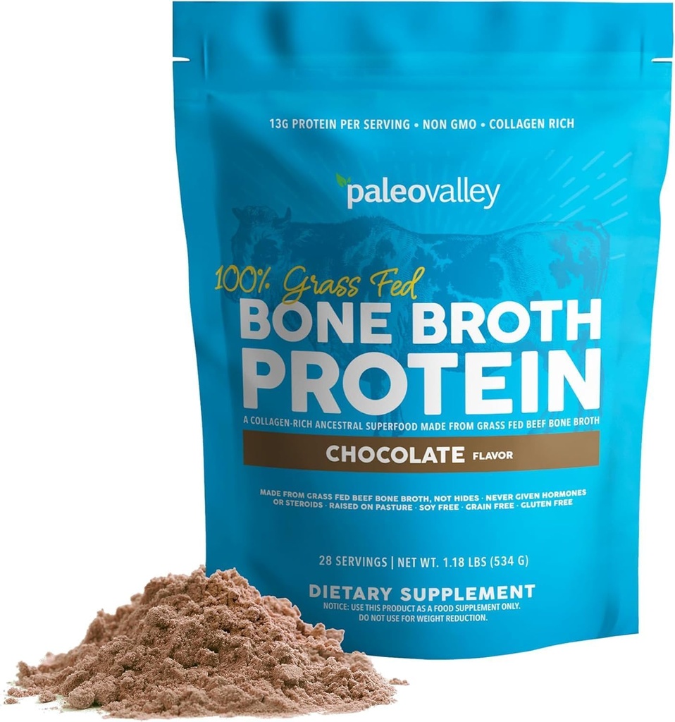 Paleovalley 100% Grass Fed Beef Broth Protein Powder - Πλούσιο σε κολλαγόνο πεπτίδια για τα μαλλιά, το δέρμα, την υγεία των οστών, και κοινή υποστήριξη - 15g πρωτεΐνη ανά υπηρεσία - Δεν Γλουτένη ή ΓΤΟ - Σοκολάτα