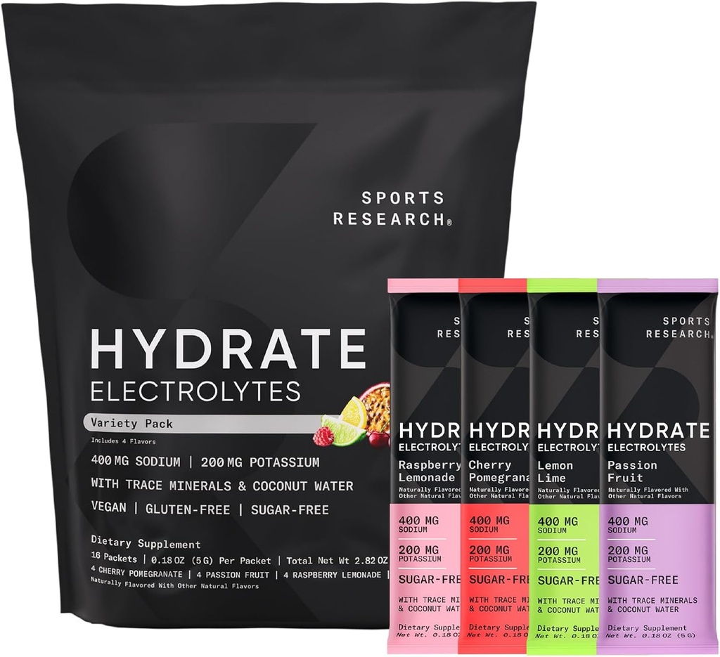 Sports Research® Hydrate Electrolytes Powder Packets - Χωρίς ζάχαρη & φυσικά αρωματισμένο με βιταμίνες, ορυκτά και νερό καρύδας - Υποστηρίζει ενυδάτωση - 16 πακέτα - Ποικιλία Pack