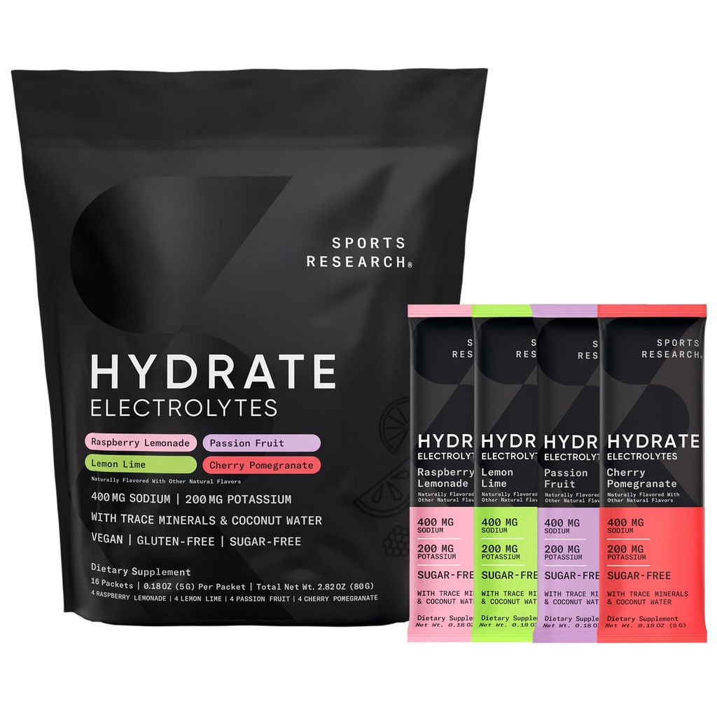 Sports Research® Hydrate Electrolytes Toz Paketleri - Sugar-Free & Natural Flavored with Vitamins, Minerals, and Coconut Water - Supports Hydration - 16 Packets - Çeşitli Packets