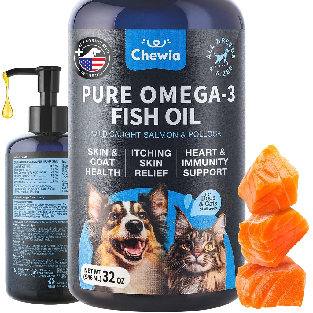 Fish Oil for Dogs and Cats - Skin and Coat Support Supplement for Pets - Omega 3 6 9 Fatty Acids - Itchy Skin, Shedding, Immunity, Joint - EPA DHA - Wild Caught Salmon and Pollock Food Topper