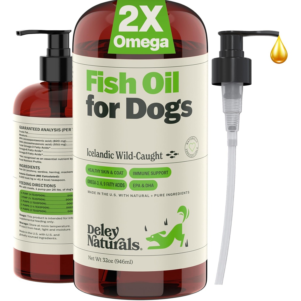 Deley Naturals Fish Oil for Dogs - Itch Relief for Dogs with Omega 3 6 9 for Skin, Joints, Heart and Brain Health - Icelandic Omega 3 Fish Oil for Dogs Skin Irritation - 32oz Omega Oil Made in USA