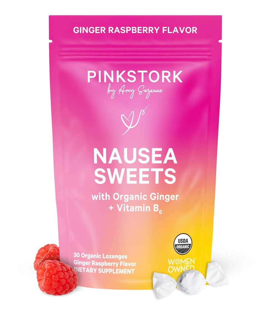 Pink Stork Organic Ginger Raspberry Sweets with Vitamin B6 for Morning Sickness and Motion Sickness, Added Ginger & Vitamin B6, 1st Trimester Pregnancy Must Haves - 30 Wrapped Candies