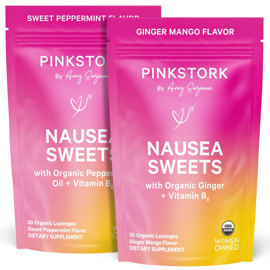 Pink Stork Organic Sweets Bundle for Morning Sickness and Motion Sickness Support, Added Vitamin B6, 1st Trimester Pregnancy Must Haves - 60 Wrapped Candies