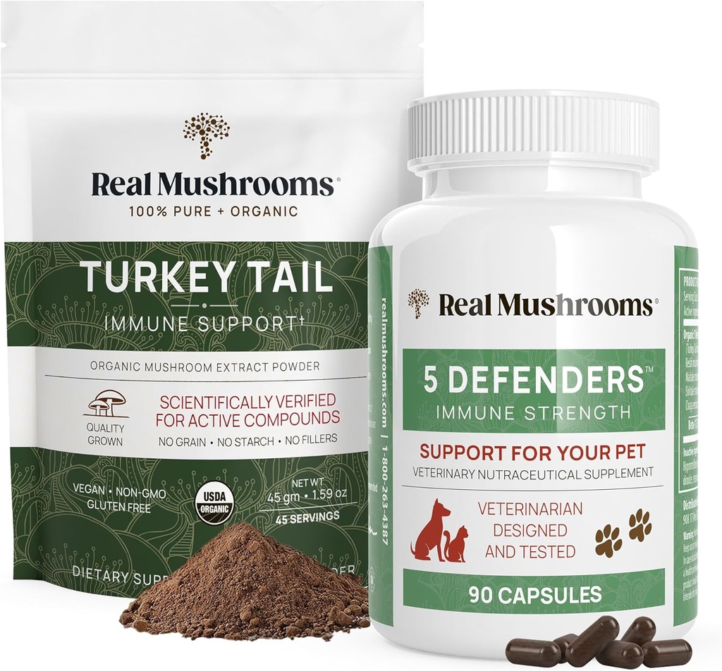 Real Mushrooms Turkey Tail Toz for Humans (45 Hizmet) & Türkiye Evcil hayvanlar için Tail (90ct) - Toz & Capsules Sche for Immune Support - Vegan, Non-GMO, T-Free, Gluten-Free, Gluten-Free