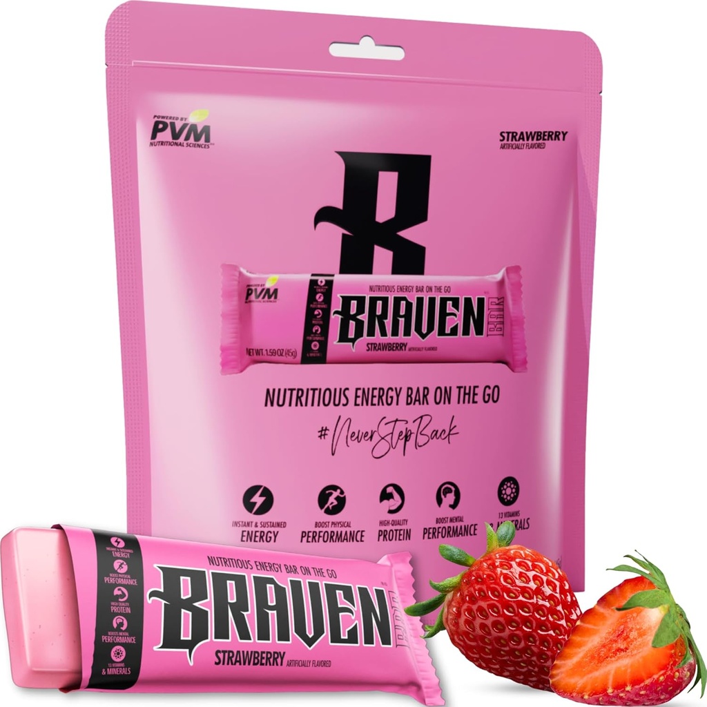Braven Bar Strawberry Energy Bars (1.59 oz, 10 Paket) – Enerji Chews Alternatif 5g Protein ile - Koşu, Yürüyüş ve Spor - Gluten Free Snacks - Bars Protein