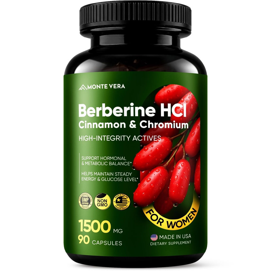 Berberine Supplement HCl 1500mg with Cinnamon & Chromium, Highly Absorbable Formula for Supports Hormonal, Metabolic Health, Steady Energy Non-GMO (90 Capsules)
