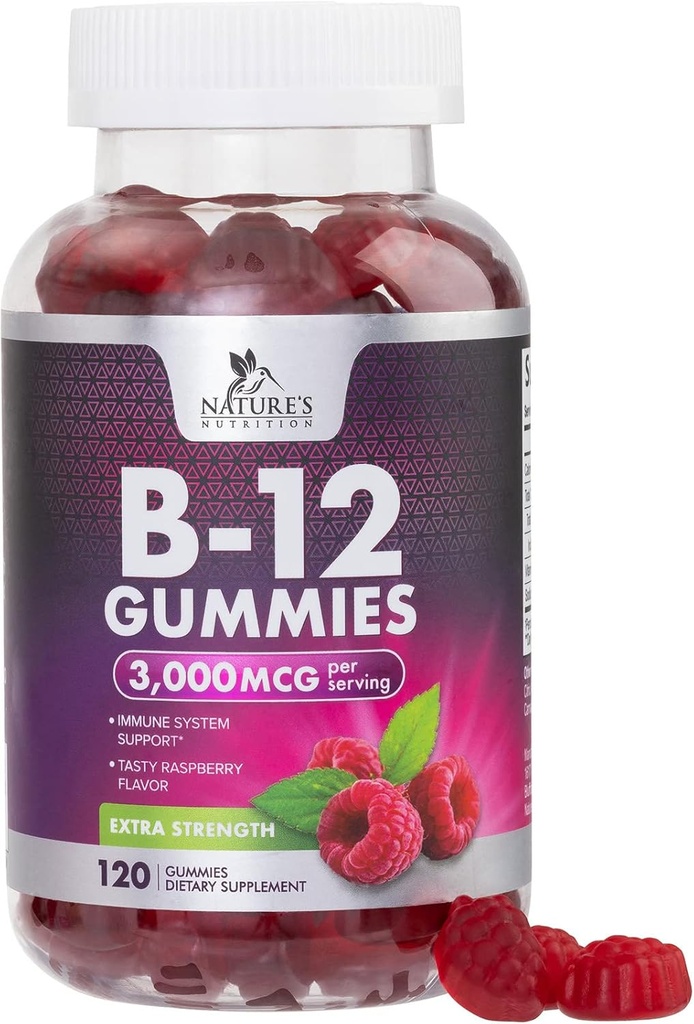 B12 Vitaminleri Enerji Gummies 3000 mcg - Ekstra Kuvvet B 12 Metabolism ve Immune Sistem Desteği - Yetişkinler ve Çocuklar için Uygun Diyet B12 Tamamlar