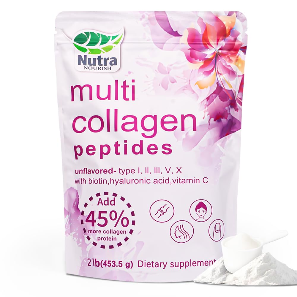 Multi Collagen Peptides Powder, 2LB | (Type I, II, III, V, X) with HyaluronicAcid, Biotin & Vitamin C,Supports Hair, Skin & Joint Health,Unflavored