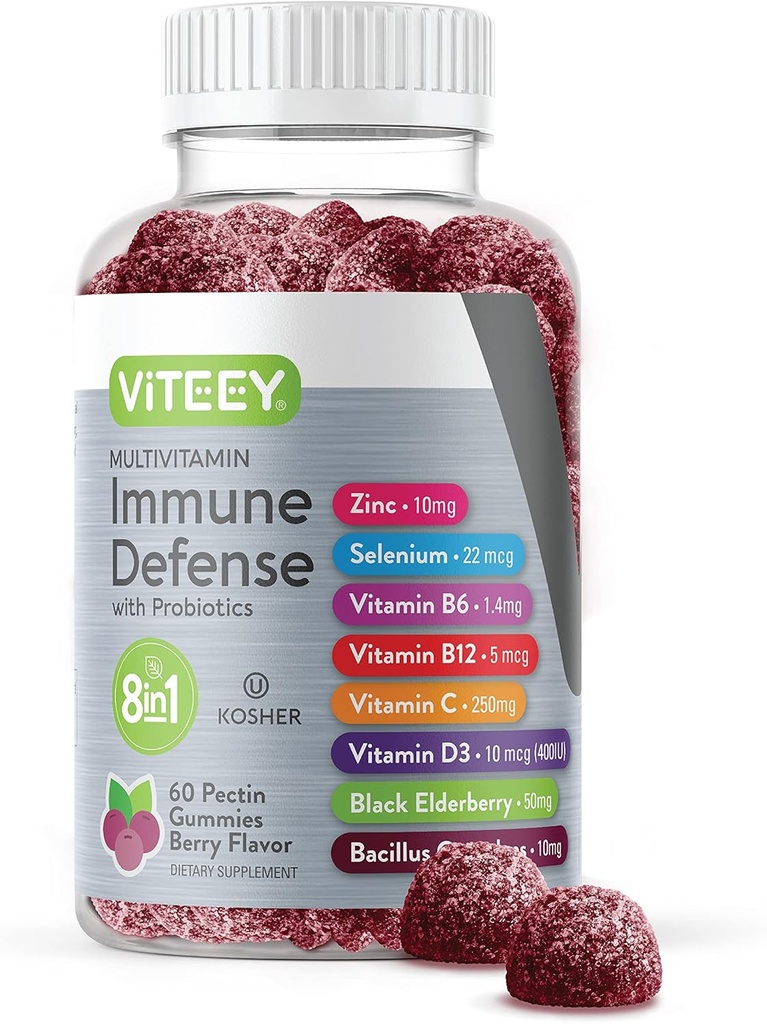 Viteey Multivitamin Gummies 8 in 1 Immune Support Supplement with Probiyotiks - Immune ATMs for Yetişkinler & Gençler - Vejetary, Gelatin Free, GMO Free - Chewable Berry Flavored Pectin Immune Defense