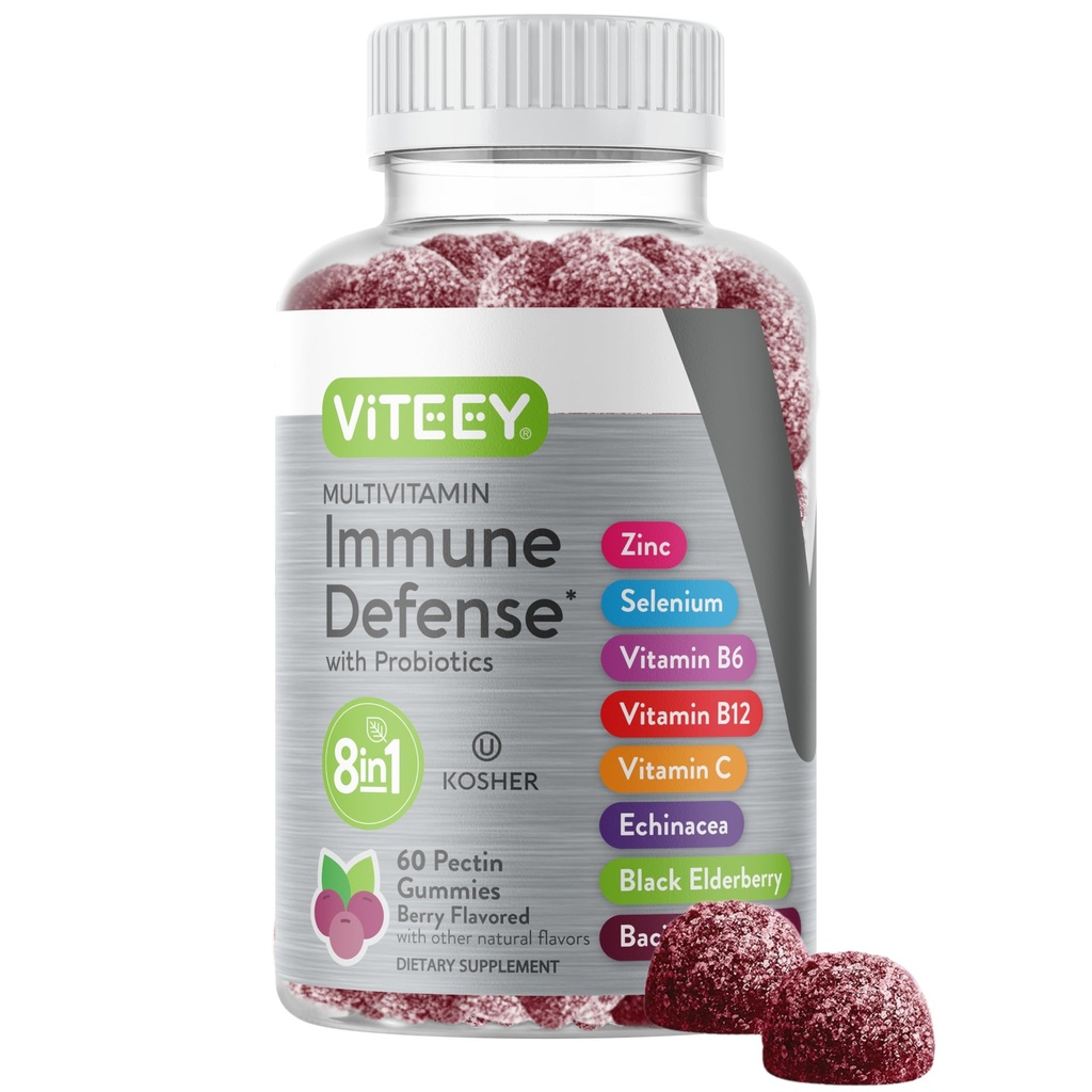 Viteey Multivitamin Gummies 8 in 1 Immune Support Supplement with Probiyotiks - Immune ATMs for Yetişkinler & Gençler - Vejetary, Gelatin Free, GMO Free - Chewable Berry Flavored Pectin Immune Defense