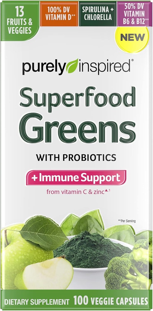 Safly Inspired Greens Superfood Capsules Superfood Greens Capsules C & Çinko Immune Support + Vitamin D 13 Meyve ve Sebzeler 100 Veggie Capsules