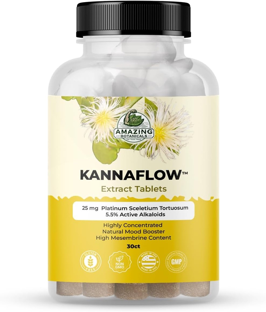 Amazing Botanicals Platinum Kannaflow Sceletium Tortuosum Kanna Ekstra Tabletleri - 25 mg | High Mesembrine Content |% 5.5 Active Alkaloids | 30