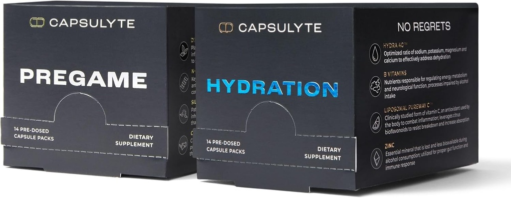 Pregame & Hydration Sche | Doctor Formulated Alkol Aid and Recovery | Liver Health and Electrolytes, Vitamins, Minerals | Box of 14 Packets Every (56 Capsules per Box)