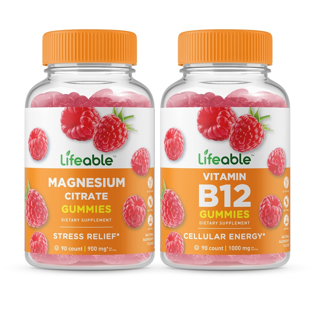 Lifeable Magnesium + Vitamin B12, Gummies Bundle - Great Tasting, Vitamin Supplement, Gluten Free, GMO Free, Chewable Gummy