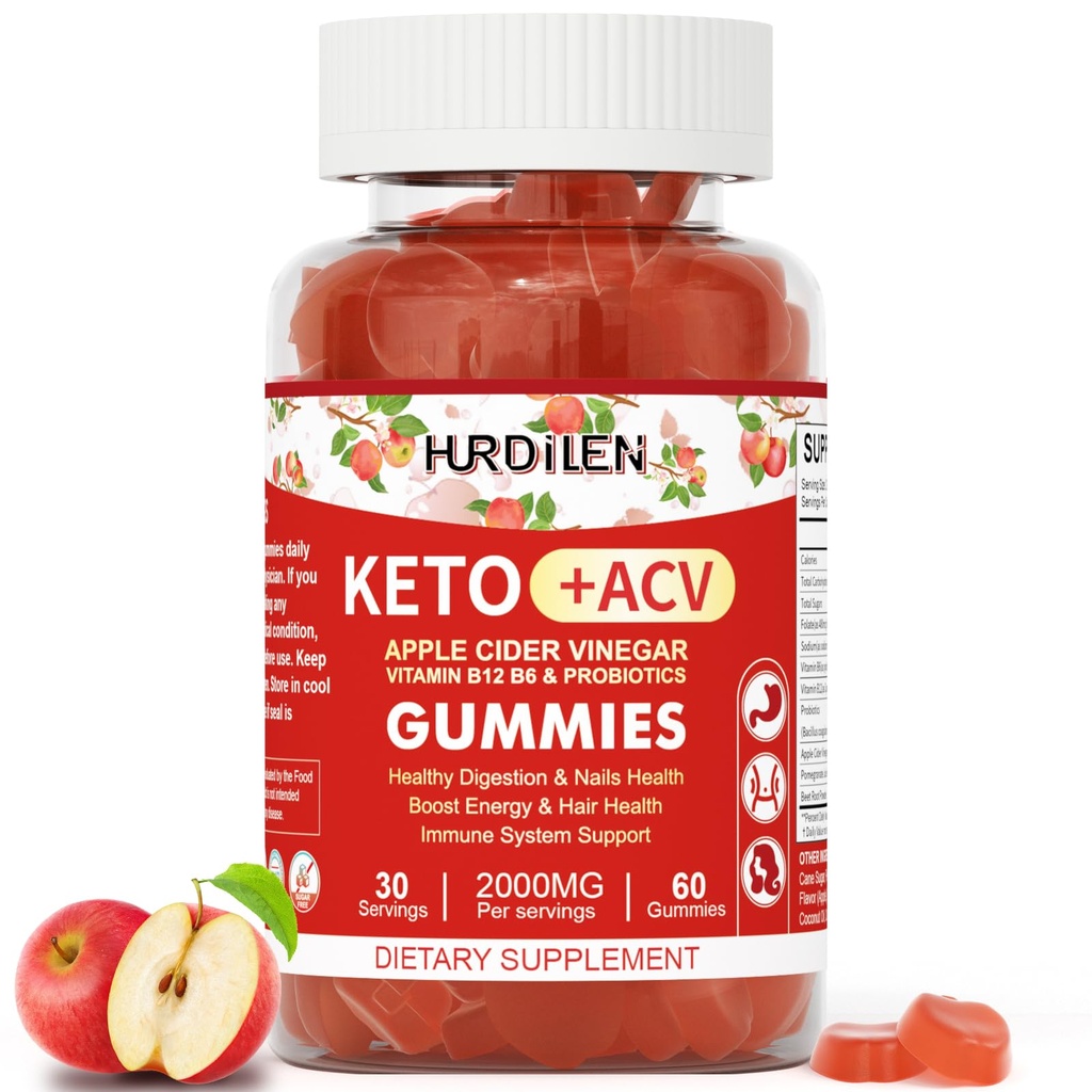 Keto ACV Gummies - 2000 mg Apple Cider Vinegar Gummies with Probiyotiks, B12 & B6 for Digestion, Energy Boost, Immunization & Hair Health - 60 Count No Sugar, Non-GMO, Gluten-Free for Women Men Men