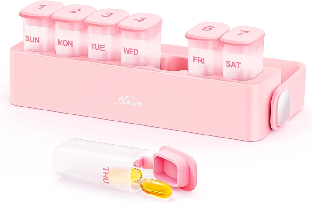 Weekly Pill Organizer with Locking Mechanism, Travel Damp-Proof Pill Box Case 7 Day to Hold Vitamins, Fish Oils, Συμπληρώματα, Διαφανής εσωτερικός οργανωτής φαρμακευτικής αγωγής για Pocket, Purse, BPA-Free
