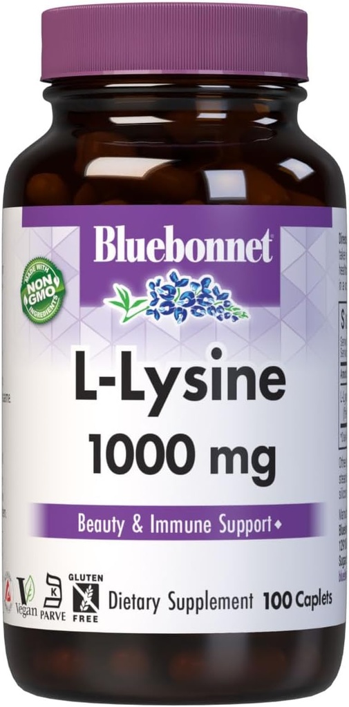 BlueBonnet L-Lysine 1000 mg Essential Platinum Asits Supplement - Immune & Collagen Support Supplements for Women & Men - Non-GMO, Vegan & Gluten-Free - 1000 mg L L. Lysine Per