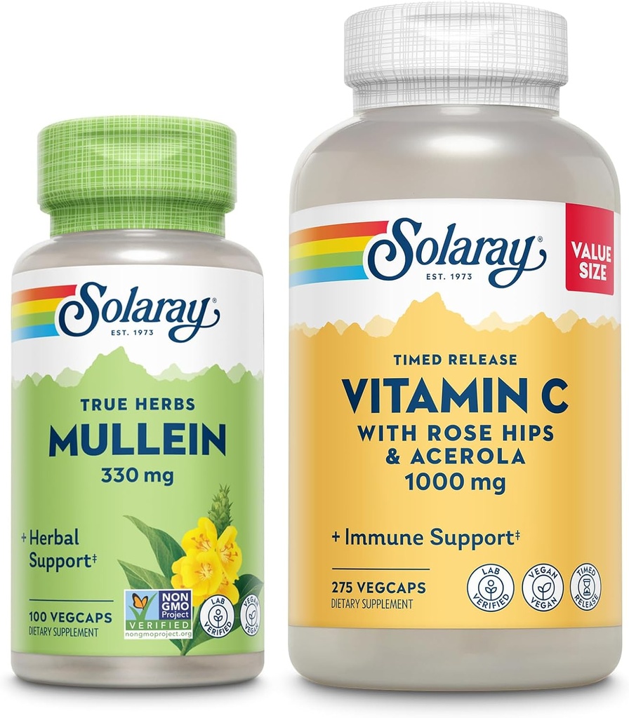 SOLARAY Vitamin C 1000 mg ve Mullein Leaf Wellness Paket - Zaman Yayınlama C Supplement ve Mullein Capsules, Geleneksel Olarak Wellness Desteği için kullanılır - Vegan, 60 Gün Garantisi, 275/100 VegCaps