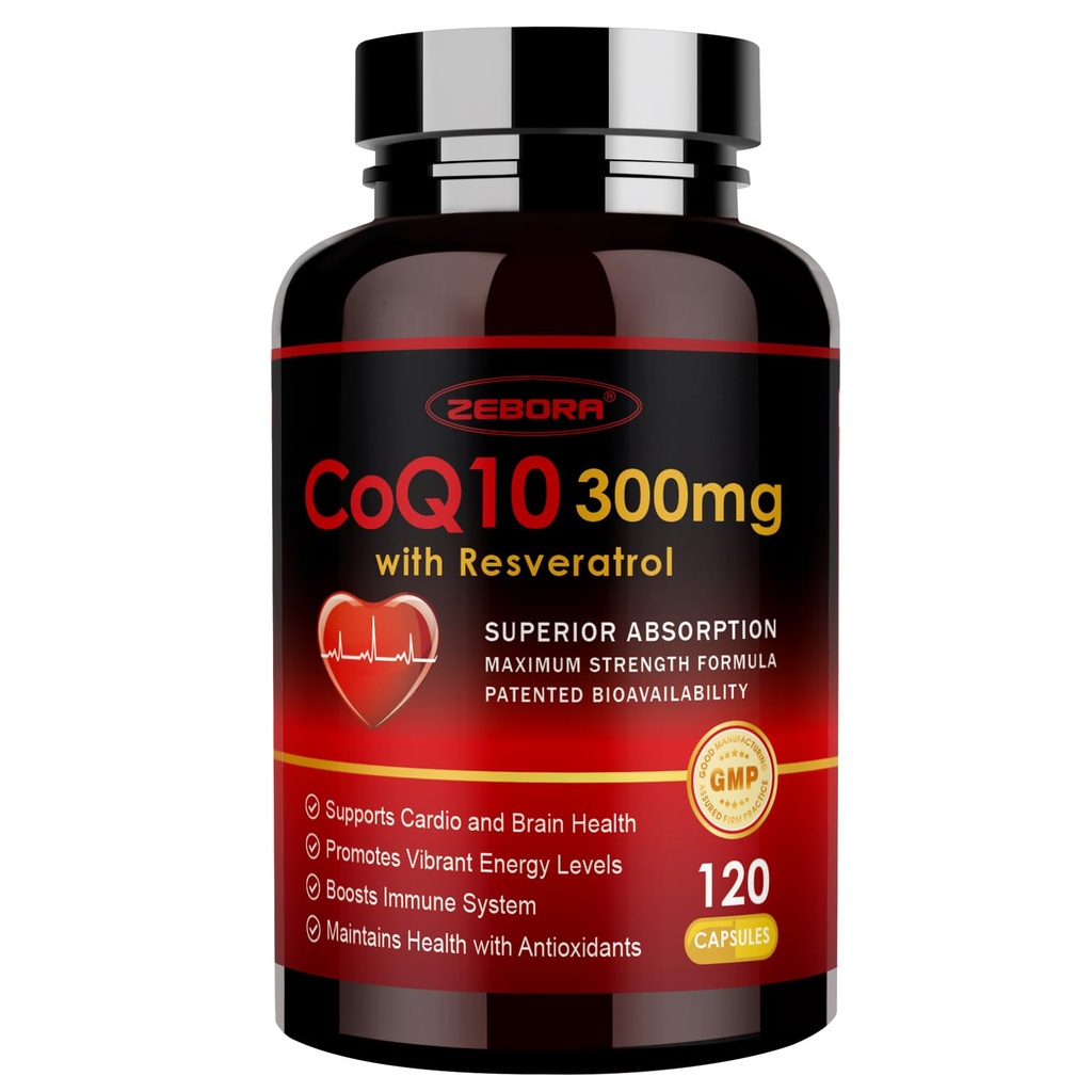 ZEBORA CoQ10-300mg με Trans-Reεσβερατρόλη, PQQ & Βιταμίνη Ε - Υψηλής Απορρόφησης Συνένζυμο-Q10 με BioPerine - Ισχυρό Αντιοξειδωτικό για την καρδιά & την ενέργεια-παραγωγή,120 Κάψουλες Veggie