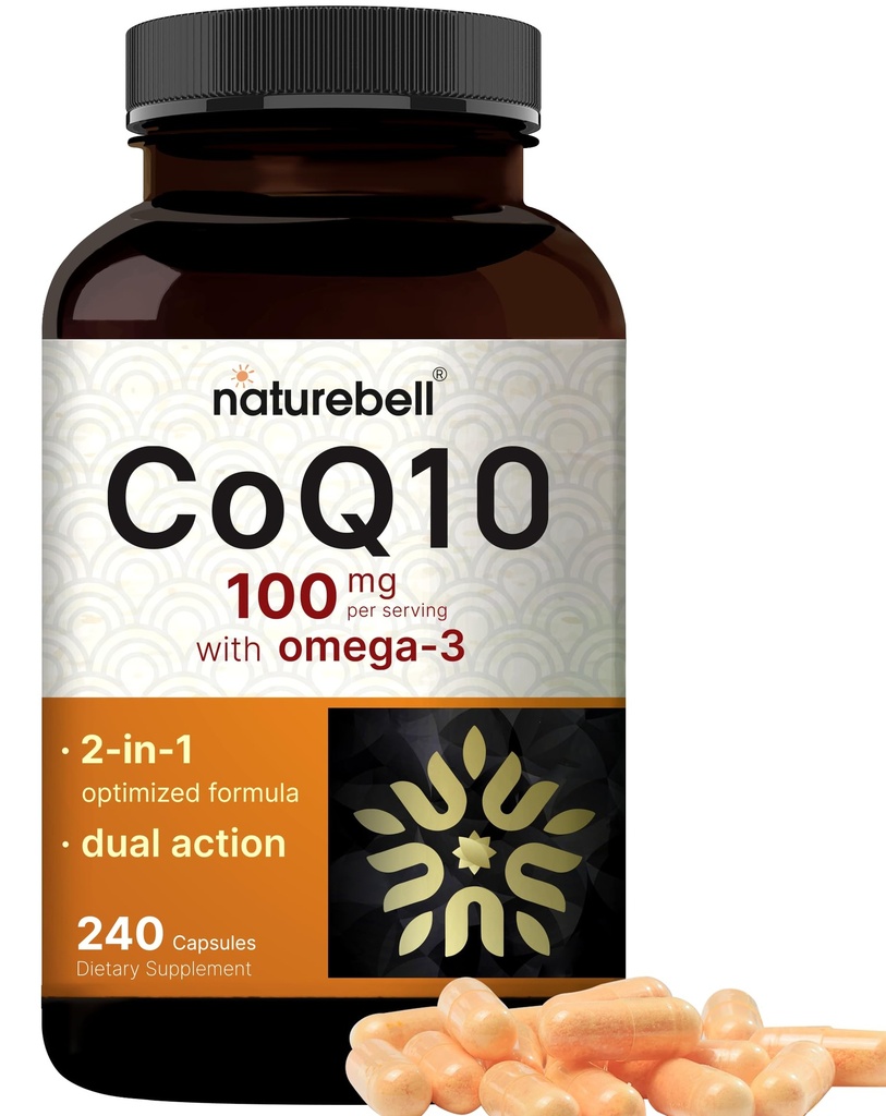 NatureBell CoQ10 100 mg with Omega 3, 240 Capsules | Stable High Abors Form – Antioksi Support for Heart & Energy Health – Ekstra Strength Coenzyme Q10 Supplement