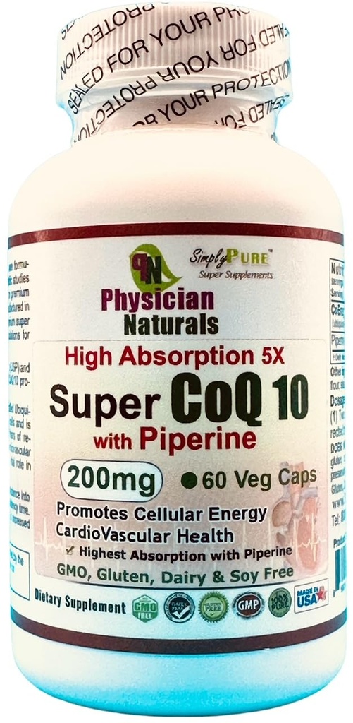 Super Coq 10 Co-Enzyme with Piperine 200 mg 60 Veggie.caps 5X Absorption Heart Cellular Health and Boost Energy