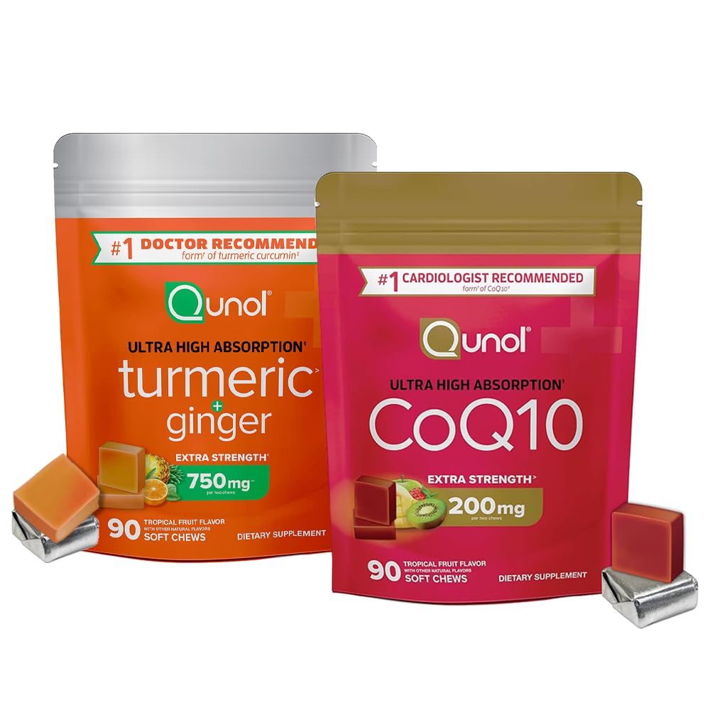 Qunol Turmeric & CoQ10: Turmeric and Ginger, 750mg, 90 Soft Chews & CoQ10 200mg, 90 Soft Chews