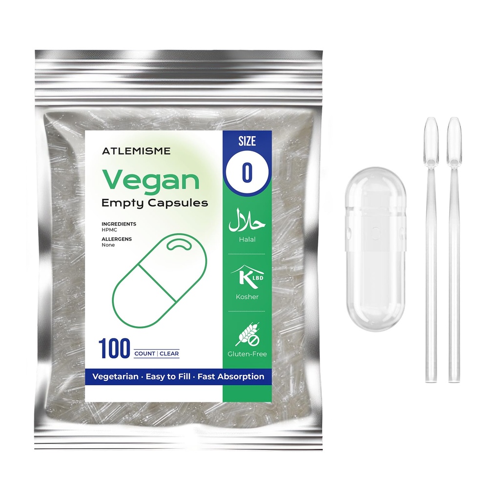 Empty Vegan Capsules Size 0-100 Count Vegetable Capsule Filling - Veggie Empty Caps with 2 Micro Lab Spoons
