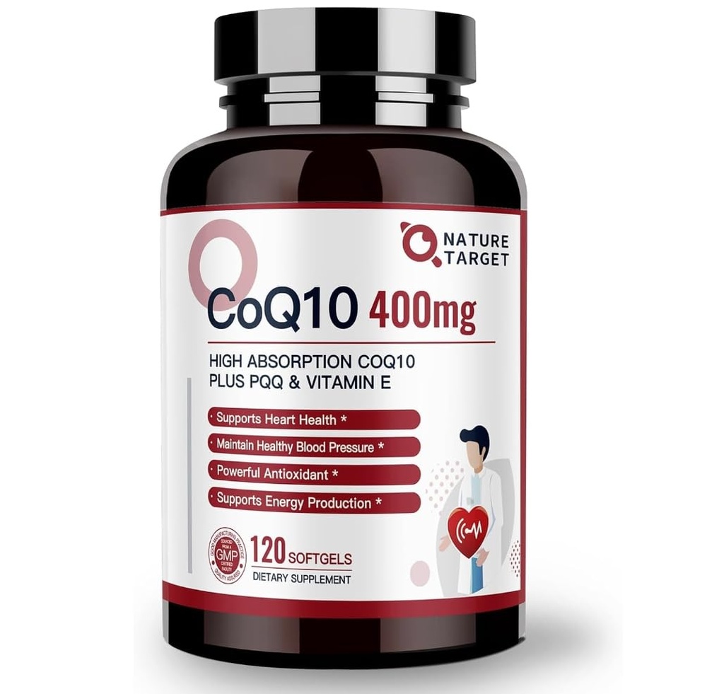NATURE TARGET CoQ10-400mg Plus PQQ with Vitamin E & Organic Olive Oil - Coenzyme-Q10 with BioPerine - High Absorption Antioxidant-for-Heart-Health and Energy Production,120 Servings