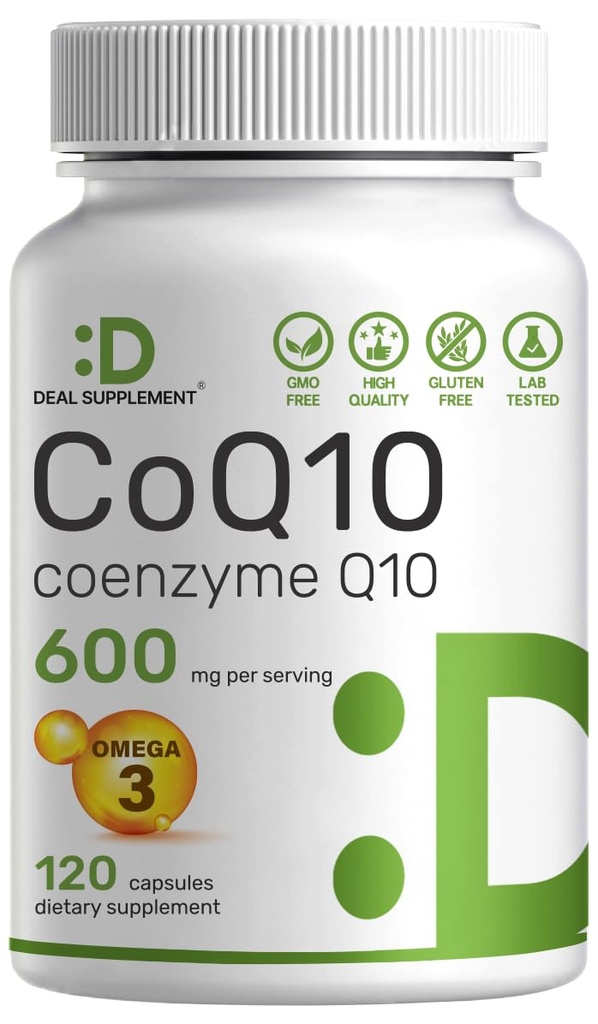 CoQ10 600 mg, 120 Capsules – Omega 3 Fatty Acid 100 mg – Max Strength – Bio available Coenzyme Q10 Supplements – Heart, Energy, & Brain Health Antioksi Support – Non-GMOS
