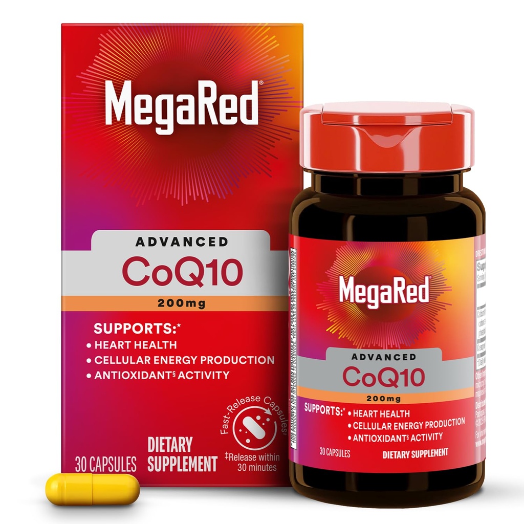 MegaRed Advanced CoQ10 Supplements- 200mg Per Servis, Güçlü Antioksit Hücreleri Enerji Üretimi ve Özgür Radikallere Karşı Korumak *- 30 Coenzyme Q10 Capsules, 30 Servisler