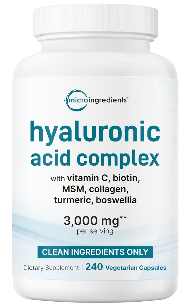 Micro Ingredients Hyaluronic Acid Complex, 240 Vegetarian Capsules | with Collagen, MSM, Vitamin C, Biotin, Turmeric & Boswellia | Non-GMO, Filler-Free, cGMP Manufactured & Lab Tested