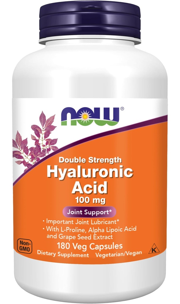 NOW Foods Supplements, Hyaluronic Acid 100 mg, Double Strength with L-Proline, Alpha Lipoic Acid and Grape Seed Extract, 180 Veg Capsules (1)