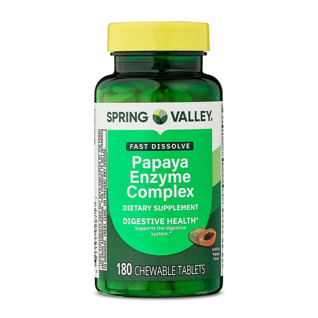 Support Helps Digestion and Nutrient Absorption with Spring Valley Papaya Enzyme Complex - Chewable Tablets Dietary Supplement, 180 Count - New Look