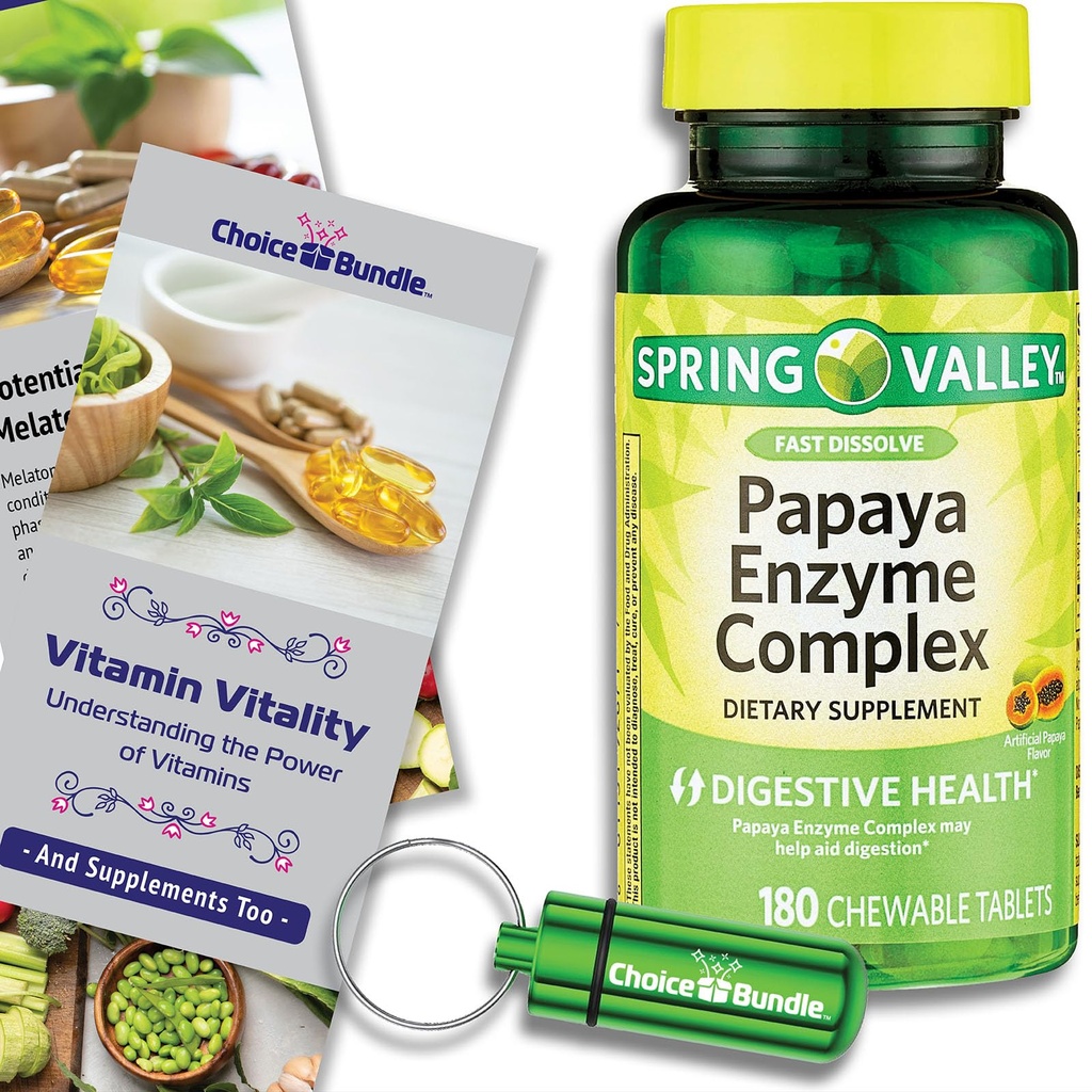 Spring Valley Papaya Enzyme Complex Chewable Tablets Digestive Health 180 Ct Plus Vitamin Vitality & Pill Container (3 Items)!